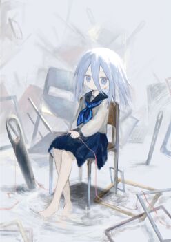 1girl absurdres barefoot black_sailor_collar black_skirt blue_eyes blue_neckerchief chair closed_mouth commentary_request double-parted_bangs fog full_body hair_between_eyes highres kayaki_(nettai) long_hair long_sleeves looking_at_viewer neckerchief on_chair original sailor_collar school_uniform serafuku shirt sitting skirt solo string string_of_fate thread wading water white_hair white_shirt