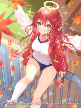 +_+ 1girl ange_(z/x) blue_buruma breasts buruma closed_mouth copyright_notice feathered_wings from_above green_eyes hair_between_eyes hair_ribbon halo hand_on_railing jacket kneehighs leaf maple_leaf official_art open_clothes open_jacket red_hair red_jacket ribbon serino_itsuki shoes smile socks solo sparkle track_jacket traditional_halo white_ribbon white_shoes white_socks white_wings wings z/x
