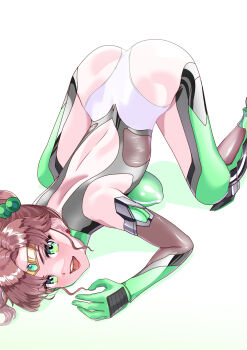 1girl absurdres arion_canvas ass bishoujo_senshi_sailor_moon bodysuit breasts brown_hair exercising gloves green_eyes highres kino_makoto large_breasts looking_at_viewer magical_girl ponytail sailor_jupiter skin_tight smile solo