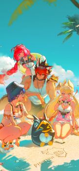 1boy 1other 3girls absurdres alice_thymefield alice_thymefield_(sea_of_thyme) animal animal_collar animal_ear_fluff animal_ears animal_on_back animal_on_shoulder arm_on_knee bangboo_(zenless_zone_zero) bare_shoulders beach belle_(summer_skies)_(zenless_zone_zero) belle_(zenless_zone_zero) belt bikini bikini_top_under_shirt bikini_under_clothes bikini_bottom_under_shorts bird black_hair black_nails blonde_hair blue_sky body_fur bracelet braid braided_twintails bucket_hat camera camera_around_neck closed_mouth cloud collar crying dog_boy dog_ears dress_swimsuit earrings elle_shengxuan_shi eyewear_on_head facial_mark fish_hat green_eyes green_shorts hair_between_eyes hair_ornament hair_ribbon hat hearing_aid heart heart-shaped_eyewear heart_facial_mark heterochromia highres jewelry kamanosuke_(zenless_zone_zero) komano_manato letter_hair_ornament long_hair looking_at_another low_twintails multicolored_hair multiple_girls multiple_scars muscular muscular_male nail_polish necklace ocean off-shoulder_shirt off_shoulder official_alternate_costume one-piece_swimsuit one_eye_closed open_mouth orange_bikini orange_shorts palm_tree panties pectorals penguinboo_(zenless_zone_zero) pink_one-piece_swimsuit rabbit_ears rabbit_girl raccoon red_eyes red_hair ribbon sand sand_writing scar scar_across_eye scar_on_chest scar_on_face see-through_clothes see-through_shirt shirt short_hair shorts sitting sky smile sphere_hair_ornament squatting stomach swim_ring swimsuit tanuki teeth thigh_strap tied_shirt toes tree twintails two-tone_one-piece_swimsuit ukinami_yuzuha ukinami_yuzuha_(tanuki_in_broad_daylight) underwear watch water white_one-piece_swimsuit white_panties white_ribbon wristwatch yellow_eyes zenless_zone_zero