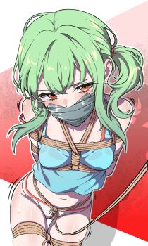 1girl absurdres bare_shoulders bdsm blush bondage bound breast_bondage breasts brown_eyes collarbone commentary crop_top crying crying_with_eyes_open english_commentary gag gagged green_hair highres improvised_gag long_hair looking_at_viewer navel original panties shibari shibari_over_clothes skindentation small_breasts solo standing stomach tape tape_gag tears thigh_gap tiedtiki underwear white_panties