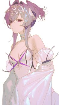 1girl ahoge bare_shoulders breasts choker commentary detached_sleeves dress empty_eyes english_commentary goddess_of_victory:_nikke hair_between_eyes headpiece heikokuru1224 highres huge_ahoge juliet_sleeves liberalio_(nikke) long_sleeves looking_at_viewer medium_breasts pink_eyes puffy_sleeves purple_hair short_hair sidelocks simple_background sleeveless sleeveless_dress solo standing teeth two_side_up unfinished white_background white_choker white_dress white_sleeves wide_sleeves