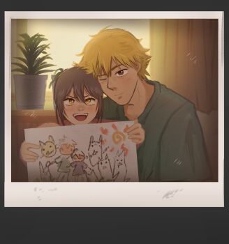 1boy 1girl :d black_hair blonde_hair brown_eyes chainsaw_man child child&#039;s_drawing commentary denji_(chainsaw_man) english_commentary green_shirt heads_together highres lady2nope looking_at_viewer nayuta_(chainsaw_man) one_eye_closed open_mouth photo_(object) picture_frame plant potted_plant shirt smile