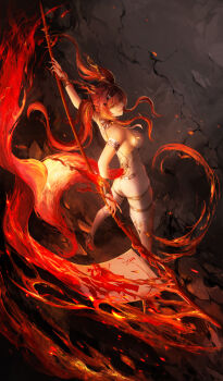 absurdres black_background bodysuit fire flag from_above hand_on_own_hip headscarf highres holding holding_sword holding_weapon long_hair lupa_(wuthering_waves) nuli_huahua_de_ybor polearm red_eyes red_hair smile spear spread_legs sword tail twintails weapon wuthering_waves