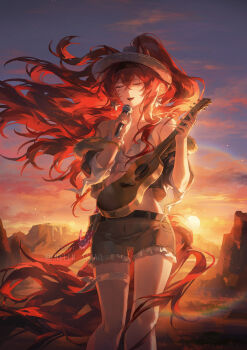 1girl animal_ears arknights bare_legs belt cliff closed_eyes cloud cropped_jacket guitar hat helen_zzhao high_ponytail highres holding holding_guitar holding_instrument holding_microphone horse_ears horse_girl instrument instrument_request jacket long_hair microphone mountain music narantuya_(arknights) open_mouth partially_shaded_face ponytail red_hair shorts singing sky solo sunset tank_top very_long_hair white_tank_top