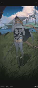 1girl absurdres belt black_belt blonde_hair blue_eyes blue_sky boots character_name closed_mouth cloud cumulonimbus_cloud day floating_hair full_body gloves grass grey_boots grey_cloak grey_gloves grey_hat grey_jacket grey_shorts hat highres holding instagram_logo instagram_username jacket jin_yu0810 long_hair long_sleeves looking_at_viewer ocean original outdoors pixiv_logo pixiv_username qr_code radio_telescope shorts signature sky smile solo standing tall_grass thigh_boots twitter_username twitter_x_logo very_long_hair wind_turbine windmill
