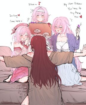 4girls bite_mark bite_mark_on_neck blush box breasts brown_coat brown_hair coat commentary corrupted_twitter_file dress eden_(honkai_impact) elf elysia_(herrscher_of_human:_ego)_(honkai_impact) elysia_(honkai_impact) english_text hairband hat heavy_breathing highres holding holding_box honkai_(series) honkai_impact_3rd hsjejnx long_hair multicolored_hair multiple_girls multiple_persona musical_note nightgown pink_hair pointy_ears puff_of_air red_dress red_hat sweat symbol-only_commentary t-pose two-tone_hair very_long_hair white_hair white_hairband white_nightgown yuri