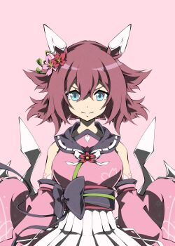 1girl animal_ears blue_eyes breasts brown_hair closed_mouth detached_sleeves flower hair_between_eyes hair_flaps hair_flower hair_ornament highres horse_ears horse_girl japanese_clothes kimono looking_at_viewer medium_breasts medium_hair pink_hair pink_kimono pink_sleeves sakura_chiyono_o_(strength_in_full_bloom)_(umamusume) sakura_chiyono_o_(umamusume) simple_background skirt sleeveless sleeveless_kimono smile solo umamusume white_skirt zukki_(bijitaru)