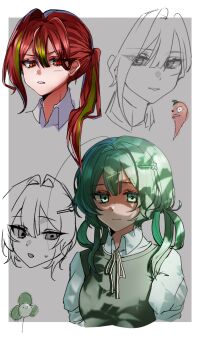 Rule 34 | 2girls, ahoge, annoyed, arms at sides, blover (plants vs. zombies), border, breasts, center-flap bangs, chinese commentary, closed mouth, collared shirt, commentary request, cropped head, cropped torso, dappled sunlight, double-parted bangs, genderswap, genderswap (mtf), green eyes, green hair, green sweater vest, grey background, grin, hair between eyes, hair intakes, hair ornament, half-closed eyes, highres, jalapeno (plants vs. zombies), long hair, looking at viewer, low twintails, medium hair, multicolored hair, multiple girls, neck ribbon, oleander03034, outside border, parted lips, personification, plants vs. zombies, ponytail, puffy short sleeves, puffy sleeves, red eyes, red hair, ribbon, shirt, short sleeves, sidelocks, simple background, small breasts, smile, streaked hair, sunlight, sweater vest, tsurime, twintails, two-tone hair, v-shaped eyebrows, white border, white ribbon, white shirt