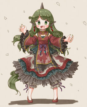 1girl alternate_costume arinu blush cleavage_cutout clothing_cutout curly_hair detached_sleeves dress fingernails green_eyes green_hair green_nails highres horns komano_aunn long_hair looking_at_viewer nail_polish open_mouth petals sharp_fingernails simple_background single_horn solo tail touhou wide_sleeves