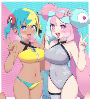 2girls :d after_kiss bandeau bikini bikini_bottom_only blue_eyes blush bow-shaped_hair breasts breath canari_(pokemon) character_hair_ornament collarbone commentary covered_navel grey_leotard hair_ornament hand_on_another's_hand hands_up heart heart-shaped_pupils highres iono_(pokemon) leg_up leotard long_hair multicolored_hair multiple_girls nail_polish navel nintendo open_mouth palms_together pink_eyes pink_nails pokemon pokemon_legends:_z-a pokemon_sv saliva saliva_trail sharp_teeth single_thighhigh smile swimsuit symbol-only_commentary symbol-shaped_pupils teeth thighhighs tongue tongue_out two-tone_hair upper_teeth_only v x_(zvkm7328) yellow_bandeau yellow_nails yuri zipper zipper_pull_tab