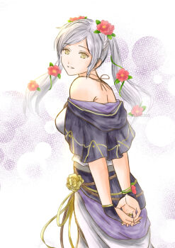 1girl armpit_crease arms_behind_back backless_dress backless_outfit bare_shoulders bracelet breasts capelet dress eyelashes female_focus female_robin_(fire_emblem) female_robin_(valentine)_(fire_emblem) fingerless_gloves fingernails fire_emblem fire_emblem_awakening fire_emblem_heroes floating_hair flower flower_bracelet from_behind gloves hair_flower hair_ornament halterneck happy highres intelligent_systems long_dress long_hair looking_at_viewer looking_back medium_breasts moverabbit0305 neck off_shoulder official_alternate_costume own_hands_together parted_lips shoulder_blades sideboob sidelocks sleeveless sleeveless_dress smile spaghetti_strap standing swept_bangs turning_head twintails white_hair yellow_eyes
