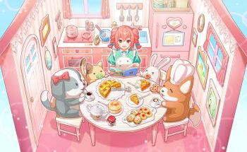 1girl apron blush bow bread chair commentary_request food game_cg highres holding indoors knife looking_at_viewer official_art ootori_kokona open_mouth pink_bow pink_hair plate sitting smile solo spoon table third-party_source window world_dai_star