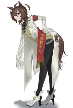 1girl agnes_tachyon_(tach-nology)_(umamusume) agnes_tachyon_(umamusume) ahoge animal_ears black_necktie black_pantyhose blush boots breasts brown_hair chemical_structure closed_mouth coat commentary_request cork earrings hair_between_eyes high_heel_boots high_heels highres horse_ears horse_girl horse_tail huge_ahoge jewelry lab_coat long_sleeves looking_at_viewer medium_hair necktie pantyhose red_eyes shirt short_necktie simple_background single_earring sleeves_past_fingers sleeves_past_wrists solo sweater sweater_vest tail test_tube umamusume white_background white_boots white_coat wolf_cut yaegashi_isa yellow_sweater yellow_sweater_vest