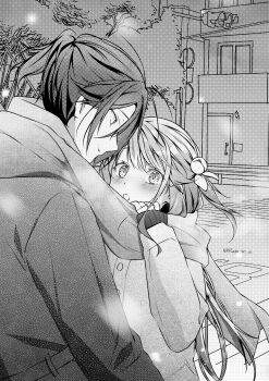 Rule 34 | 1boy, 1girl, absurdres, balcony, blush, coat, commentary request, contemporary, couple, door, greyscale, hair ornament, hand up, hetero, high ponytail, highres, light blush, long hair, long sleeves, looking at another, monochrome, outdoors, ponytail, rain re a, re:zero kara hajimeru isekai seikatsu, road, scarf, shared clothes, shared scarf, short hair, side ponytail, sidelocks, smile, snowing, street, theresia van astrea, tree, twitter username, very long hair, wilhelm (re:zero), winter, winter clothes, winter coat