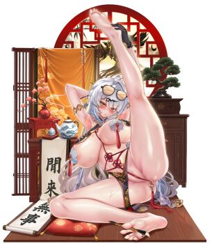 1girl absurdres ahoge anal anal_object_insertion areola_slip arm_behind_head armpits arms_up ass barefoot black_gloves bonsai breasts butt_plug calligraphy_brush calligraphy_scroll china_dress chinese_clothes cleavage cushion dress eyewear_on_head female_pubic_hair gloves grey_hair hair_ornament hairclip highres huge_breasts jagoo long_hair looking_at_viewer mole mole_on_breast nipple_tassels object_insertion paintbrush pasties pelvic_curtain pubic_hair sex_toy shiny_skin soles solo spread_legs sunglasses teapot thighs toes very_long_hair yellow_eyes yixuan_(zenless_zone_zero) zenless_zone_zero