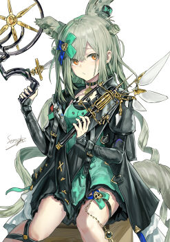 1girl absurdres animal_ears arknights black_choker black_jacket choker commentary drill_hair extra_ears feet_out_of_frame green_hair highres holding infection_monitor_(arknights) jacket long_hair long_sleeves looking_at_viewer morpheus_(arknights) orange_eyes pendant_choker saraph_se_la sidelocks simple_background solo twin_drills white_background