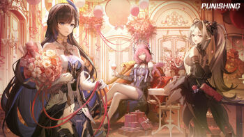 Rule 34 | 3girls, alcohol, balloon, blue eyes, bouquet, braid, crossed legs, cup, detached sleeves, drinking glass, flower, gift, grey eyes, happy valentine, highres, holding, holding bouquet, holding cup, holding gift, indoors, ishmael: parhelion (pgr), ishmael (pgr), jetavie: daybreak (pgr), jetavie (pgr), long hair, looking at viewer, looking back, low-braided long hair, low-tied long hair, multicolored hair, multiple girls, official art, pink hair, punishing: gray raven, red eyes, red wine, selena: pianissimo (pgr), selena (pgr), sitting, smile, twintails, two-tone hair, valentine, very long hair, white hair, wine, wine glass