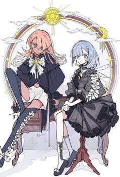 Rule 34 | 2girls, black dress, black shoes, black skirt, black thighhighs, blue eyes, blue hair, crescent moon, dark-skinned female, dark skin, dress, earrings, expressionless, frilled dress, frilled shirt, frilled thighhighs, frills, highres, jewelry, kaneni, long hair, looking at viewer, medium hair, midriff, moon, multiple girls, navel, original, own hands together, pink hair, shirt, shoes, shorts, skirt, thighhighs, white shorts, white sock