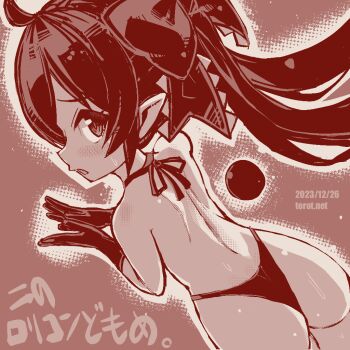 1girl ahoge ass back backbeako_(torotei) backbeard backless_swimsuit blush clothing_request commentary dated dated_commentary dutch_angle female_focus from_behind gegege_no_kitarou gloves hair_ribbon halterneck kono_lolicon_domome loli long_hair looking_at_viewer looking_back monochrome one-piece_swimsuit open_mouth original paid_reward_available pointy_ears red_background ribbon simple_background solo sweat swimsuit torotei translated twintails