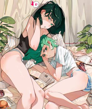 2girls arm_support ass bare_legs black_camisole blush book burger camisole can cesar_art456 commentary_request controller curtains drink_can feet_out_of_frame food fubuki_(one-punch_man) green_eyes grey_hair hand_in_own_hair heart highres legs looking_at_viewer lying multiple_girls no_pants on_side one-punch_man open_book panties parted_lips pillow plant remote_control saitama_(one-punch_man) shirt short_sleeves siblings sisters soda_can spanish_commentary spoken_heart striped_clothes striped_panties t-shirt tatsumaki thighs underwear v-shaped_eyebrows white_panties white_shirt