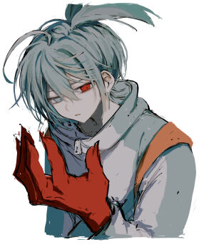 1boy absurdres blue_eyes blue_hair blue_jacket commentary_request double-parted_bangs griffon0416 hair_between_eyes highres jacket male_focus multicolored_jacket parted_lips puyopuyo red_eyes short_hair sidelocks sig_(puyopuyo) simple_background solo upper_body white_background white_jacket zipper zipper_pull_tab