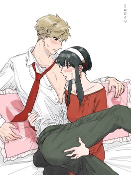 Rule 34 | 1boy, 1girl, bare shoulders, black hair, blush, breasts, dress, earrings, formal clothes, gold earrings, green suit, hairband, highres, husband and wife, jewelry, large breasts, long hair, long sleeves, norinori shiro, red eyes, red sweater, shirt, short hair, sidelocks, spy x family, suit, sweater, twilight (spy x family), white hairband, yor briar