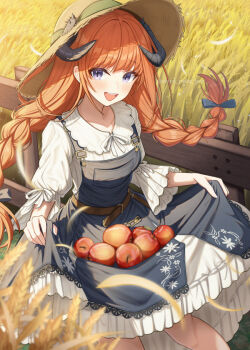 1girl :d apple arknights bagpipe_(arknights) bagpipe_(echo_of_bagpipes)_(arknights) blue_overalls braid dragon_girl dragon_horns dress fence food fruit hat horns long_hair looking_at_viewer open_mouth orange_hair outdoors overalls purple_eyes shironekoban skirt_hold smile solo straw_hat teeth twin_braids twitter_username upper_teeth_only watermark wheat_field white_dress wooden_fence