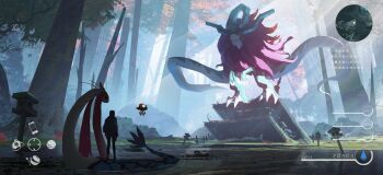 1boy absurdres asteroid_ill backpack bag beedrill claws closed_mouth commentary_request gen_1_pokemon gen_3_pokemon gen_8_pokemon giant heads-up_display health_bar highres jungle milotic minimap mudkip nature nintendo orbeetle outdoors pokemon pokemon_(creature) rainforest red_eyes size_difference standing stone_lantern sunlight translation_request tree user_interface walking_wake water wide_shot