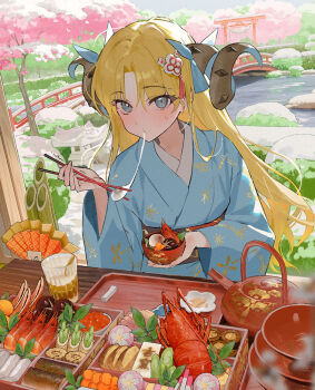 1girl bamboo blonde_hair blue_eyes blue_kimono blush bowl box bread bread_slice bridge bush cherry_blossoms chopsticks cup eating ereshkigal_(fate) fate/grand_order fate_(series) food hair_ornament holding holding_bowl holding_chopsticks horns japanese_clothes kimono lobster ongdal2 print_kimono ribbon sash shrimp snow snow_on_tree solo space_ereshkigal_(fate) sweatdrop teapot torii tree water