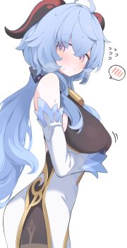 1girl ahoge bare_shoulders bell blue_hair blush bodystocking breasts brown_pantyhose commentary_request detached_sleeves dress flying_sweatdrops ganyu_(genshin_impact) genshin_impact highres hone_kawa horns large_breasts long_hair looking_at_viewer pantyhose purple_eyes sidelocks solo white_dress