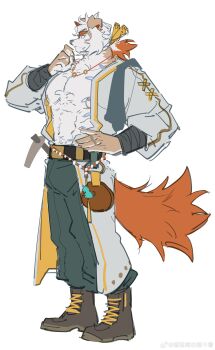 1boy abs absurdres arknights boots brown_boots chinese_commentary closed_mouth colored_tips commentary_request dmsjji12 furry furry_male green_pants hand_on_own_hip highres hoe horns hung_(arknights) komainu_boy komainu_ears komainu_tail looking_to_the_side male_focus multicolored_hair muscular muscular_male navel nipple_piercing nipples open_clothes open_shirt pants pectorals piercing ponytail profile single_horn sketch watermark weibo_watermark white_background