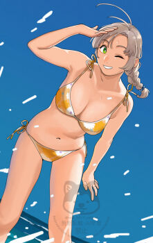 1girl absurdres antenna_hair beach bikini blue_sky braid breasts cleavage day floral_print green_eyes grey_hair grin highres kantai_collection kinugasa_(kancolle) large_breasts ocean ojipon one_eye_closed orange_bikini side-tie_bikini_bottom single_braid sky smile solo swimsuit water wet