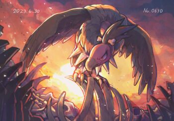 animal_focus bird bone closed_mouth cloud commentary_request dated full_body gen_5_pokemon highres mandibuzz nintendo no_humans odo_7ta pokedex_number pokemon pokemon_(creature) pokemon_focus red_eyes sky solo