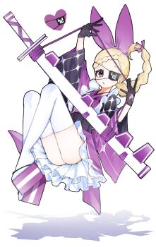 1girl absurdres black_gloves blonde_hair bow braid commentary_request eyepatch gloves hair_bow hair_ribbon highres holding japanese_clothes kimono long_hair long_sleeves looking_at_viewer okobo original parted_lips platform_sandals purple_bow purple_eyes purple_ribbon ribbon sandals shadow sheath sheathed simple_background solo sword thighhighs weapon white_background white_thighhighs wide_sleeves zukki0731