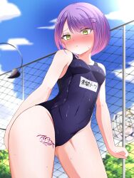 Rule 34 | absurdres, amane kanata, aresiasitennou, blush, breasts, bush, cameltoe, closed mouth, cloud, cloudy sky, collarbone, covered navel, demon tail, drooling, full-face blush, green eyes, hair ornament, hairclip, halo, highres, hololive, leg tattoo, light blush, looking at another, looking down, medium breasts, multicolored hair, name tag, one-piece swimsuit, piercing, purple hair, school swimsuit, shirt, short hair, sky, sparkling eyes, star halo, streaked hair, swimsuit, tail, tail ornament, tail piercing, tattoo, tokoyami towa, two-tone hair, wet, wet clothes, wet swimsuit, white hair, white shirt