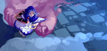 1boy 1girl blue_eyes blue_hair blue_hood closed_mouth cloud dress floating from_above furahata_gen highres hoop jewelry kesa kumoi_ichirin pendant red_pendant short_hair touhou tree unzan white_dress