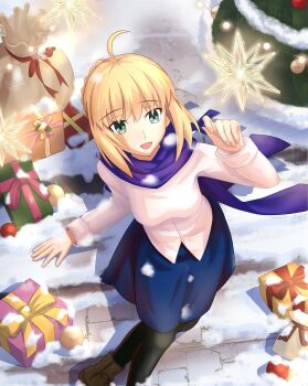 1girl absurdres ahoge andychen662000 artoria_pendragon_(fate) black_leggings blonde_hair blue_skirt boots box braid brown_boots bun_with_braided_base christmas christmas_lights christmas_tree christmas_ornaments fate/stay_night fate_(series) gift gift_bag gift_box green_eyes highres leggings official_alternate_costume open_mouth purple_scarf saber_(fate) scarf shirt sidelocks skirt smile solo white_shirt