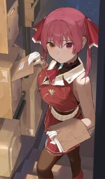1girl absurdres bare_shoulders commentary_request gloves hair_ribbon heterochromia highres hololive houshou_marine leotard leotard_under_clothes looking_at_viewer mail miya_illuster no_eyepatch open_mouth red_eyes red_hair ribbon skirt sleeveless sleeveless_jacket thighhighs twintails virtual_youtuber yellow_eyes
