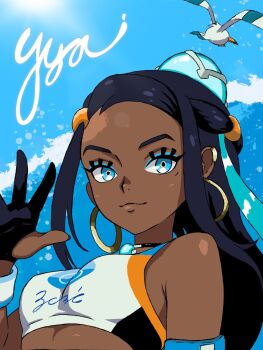 1girl bird black_hair blue_eyes blue_hair blue_sky breasts crop_top dark-skinned_female dark_skin earrings gen_3_pokemon gloves jewelry looking_at_viewer nessa_(pokemon) nintendo pokemon pokemon_swsh rio_chico_art sky small_breasts swimsuit upper_body wings wingull