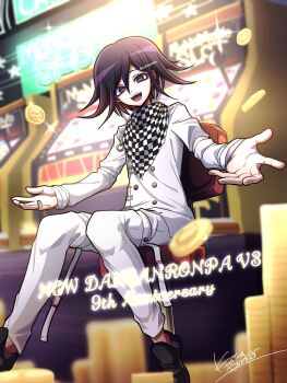 Rule 34 | 1boy, absurdres, anniversary, arm belt, buttons, casino, checkered clothes, checkered scarf, coin, commentary request, copyright name, danganronpa (series), danganronpa v3: killing harmony, english text, flipped hair, gold coin, hair between eyes, happy, happy anniversary, highres, kujira pyon ka, long sleeves, looking at viewer, male focus, oma kokichi, open mouth, outstretched arms, pants, purple eyes, purple hair, ringed eyes, scarf, short hair, signature, sitting, slot machine, smile, solo, thigh strap, two-tone scarf