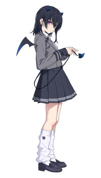 1girl absurdres black_hair black_shoes black_skirt blazer blue_horns closed_mouth collared_shirt demon_girl demon_horns demon_tail demon_wings ear_piercing earrings from_side full_body gradient_horns gradient_wings grey_jacket grey_skirt hair_between_eyes highres holding_own_tail horns houndstooth ichinose_uruha ichinose_uruha_(6th_costume) jacket jewelry loafers long_sleeves looking_at_viewer loose_socks medium_hair mini_wings multicolored_horns multicolored_wings necktie piercing pleated_skirt purple_eyes school_uniform shirt shoes simple_background skirt small_horns socks solo standing tail virtual_youtuber vspo! white_background white_shirt white_socks wings ykr_(youkiri)