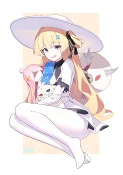 1girl abby_(wuthering_waves) absurdres blonde_hair blue_sash breasts commentary hair_ornament hat highres korean_commentary long_hair long_sleeves looking_at_viewer medium_breasts nimbus_wraith_(wuthering_waves) no_shoes open_mouth pantyhose phoebe_(wuthering_waves) purple_eyes revision ryua_(user_kedz2257) sash shirt skirt smile solo tacet_discord_(wuthering_waves) very_long_hair white_hat white_pantyhose white_shirt white_skirt wuthering_waves x_hair_ornament