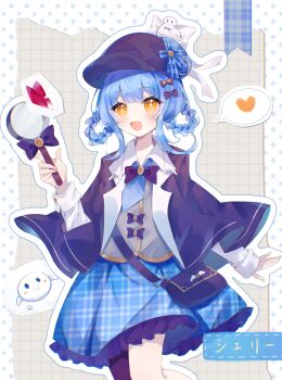 1girl :d absurdres black_bag black_capelet black_hat blue_hair blue_necktie blue_skirt braid braided_hair_rings capelet character_name collared_shirt deerstalker detective feet_out_of_frame frilled_skirt frills grey_background grey_vest hair_rings hand_up hat heart highres holding holding_magnifying_glass index_finger_raised long_sleeves looking_at_viewer magnifying_glass mahou_shoujo_no_majo_saiban necktie open_mouth outline plaid_clothes plaid_skirt pleated_skirt qianhai_chu_ui shirt short_hair skirt smile solo spoken_heart standing tachibana_sherry vest white_outline white_shirt yellow_eyes