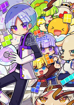 Rule 34 | 2girls, 4boys, ai (puyopuyo), artist name, black-framed eyewear, black pants, blonde hair, blue eyes, blush, brown eyes, closed mouth, commentary request, elbow gloves, elle (puyopuyo), ess (puyopuyo), ex (puyopuyo), glasses, gloves, green eyes, green hair, highres, jay (puyopuyo), long hair, long sleeves, looking at viewer, multiple boys, multiple girls, o (puyopuyo), offbeat, one eye closed, open mouth, pants, purple eyes, purple hair, puyopuyo, puyopuyo tetris, rectangular eyewear, short hair, smile, tee (puyopuyo), tetromino, thumbs up, white gloves, white hair, zed (puyopuyo)
