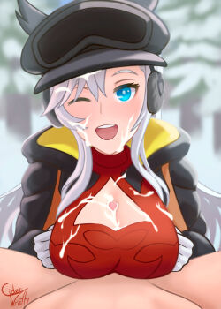 1boy 1girl black_jacket blue_eyes breasts ciderwrath cleavage_cutout clothing_cutout cum cum_on_body cum_on_breasts cum_on_hair cum_on_upper_body dragalia_lost ear_covers earmuffs facial forest gloves goggles goggles_on_head highres ilia_(dragalia_lost) ilia_(dragonyule)_(dragalia_lost) jacket large_breasts looking_at_viewer nature one_eye_closed open_clothes open_jacket open_mouth paizuri red_shirt shirt signature snow white_gloves white_hair