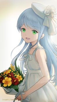 1girl :d artist_name bouquet breasts commentary commentary_request dress english_commentary flower from_side green_eyes grey_dress grey_hair grey_hat hat highres holding holding_bouquet index_(toaru_majutsu_no_index) looking_at_viewer mixed-language_commentary open_mouth simple_background sleeveless sleeveless_dress small_breasts smile solo toaru_majutsu_no_index usubeni
