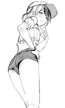 1boy ass back_peek baseball_cap blonde-haired_boy_(sunaba_(nczd5875)) blush bulge closed_mouth commentary_request cowboy_shot crossdressing crossdressing_(mtf) frilled_shirt frills from_behind from_below hand_on_own_hip hand_up hat highres light_smile looking_at_viewer looking_back looking_down male_focus monochrome off-shoulder_shirt off_shoulder one_eye_closed original partial_commentary salute shirt short_hair short_shorts short_sleeves shorts simple_background sketch solo sunaba_(nczd5875) thighs trap white_background