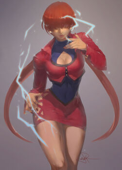 1girl breasts cleavage cleavage_cutout clothing_cutout cropped_jacket duck_face earrings electricity female_focus gradient_background hair_over_eyes highres jewelry large_breasts lipstick long_hair makeup miniskirt orochi orochi_shermie red_hair shermie_(kof) skirt solo spade-m the_king_of_fighters twintails