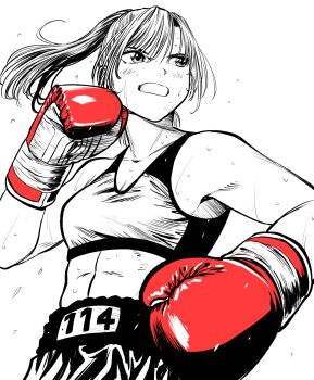 Rule 34 | 1girl, abs, boxing, boxing gloves, boxing shorts, breasts, commentary request, flying sweatdrops, from below, gloves, greyscale, hatching (texture), high ponytail, highres, lee (dragon garou), midriff, monochrome, mouth guard, original, ponytail, red gloves, serious, shorts, small breasts, solo, sports bra, spot color, sweat, very sweaty